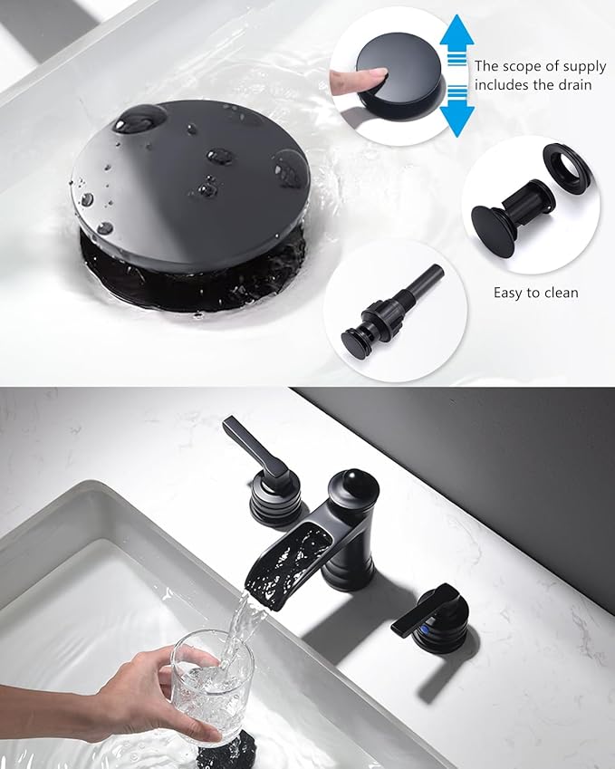 Fapully Matte Black Bathroom Sink Faucet, Waterfall Bathroom Faucets 3 Hole, 8 Inch Widespread Bathroom Faucet with Pop-up Drain, 2-Handle Faucet for Bathroom Sink Vanity RV
