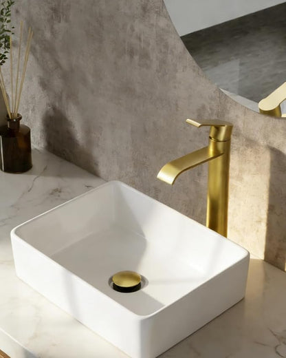 FORIOUS Brushed Gold Vessel Bathroom Faucet One Hole, Single Handle Waterfall Bathroom Vessel Sink Faucet Gold with Pop-up Drain and CUPC Hose for Rv, Lavatory, Corner Sinks