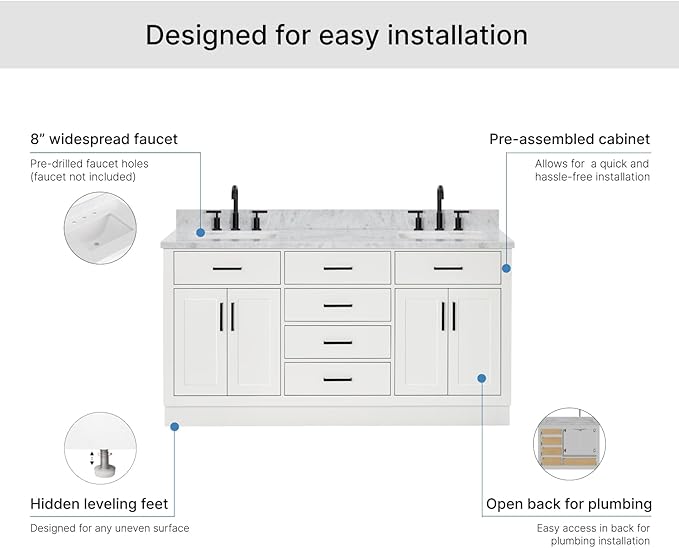 ARIEL Hepburn 66-inch Bathroom Vanity with Sink,Solid Wood, 0.75-inch Italian Carrara Marble Countertop, Double Rectangular Porcelain Sink, 4 Soft Closing Doors, 6 Dovetail Drawers, White