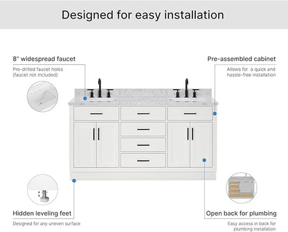 ARIEL Hepburn 66-inch Bathroom Vanity with Sink,Solid Wood, 0.75-inch Italian Carrara Marble Countertop, Double Rectangular Porcelain Sink, 4 Soft Closing Doors, 6 Dovetail Drawers, White