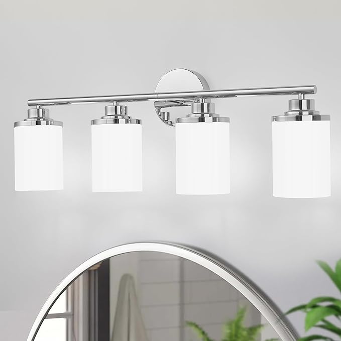 Chrome Mid-Century Modern Bathroom Sconce with Frosted Glass, 4-Light Vanity Lights Over Mirror
