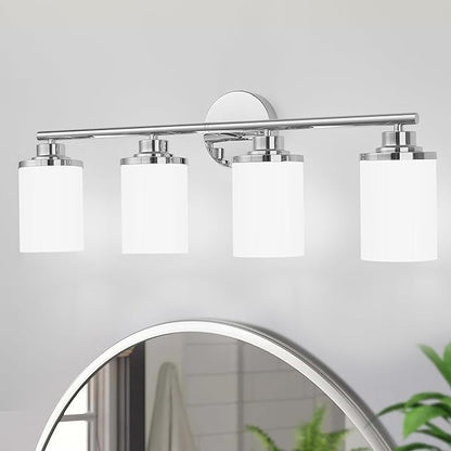 Chrome Mid-Century Modern Bathroom Sconce with Frosted Glass, 4-Light Vanity Lights Over Mirror