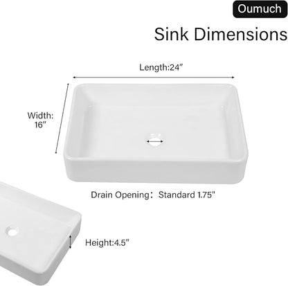 Vessel Sink Bathroom 24”x16” White Rectangle Vanity Sink for Bathroom Modern Ceramic Porcelain Bathroom Sinks above Counter Art Basin
