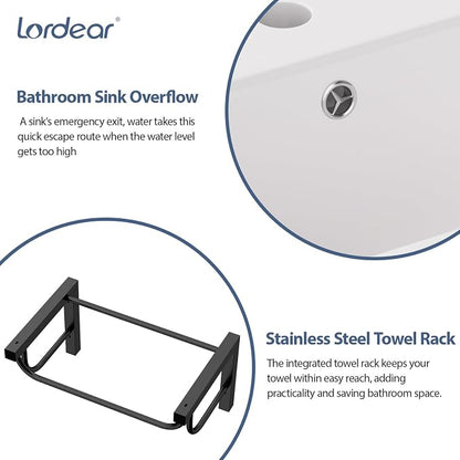 Lordear Wall Mounted Bathroom Sink with Towel Rack 20 x 14 Inch Modern Black Wall Hung Sink for ADA Bathrooms, Rectangular One Hole Porcelain Vanity Sinks