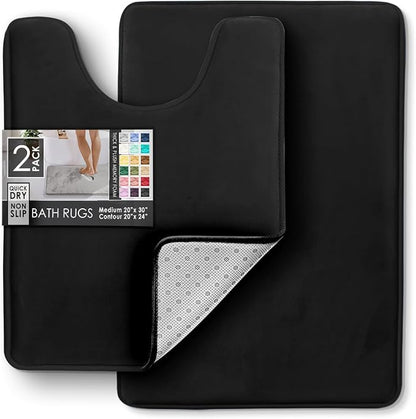 Clara Clark 2 Piece Bathroom Rugs, Velvet Memory Foam Bath Mat Set, Non-Slip Bath Rugs, Machine Wash, Dries Quickly, Ultra Soft Plush Bath Mats for Bathroom, 20 x 32 + Contour, Black