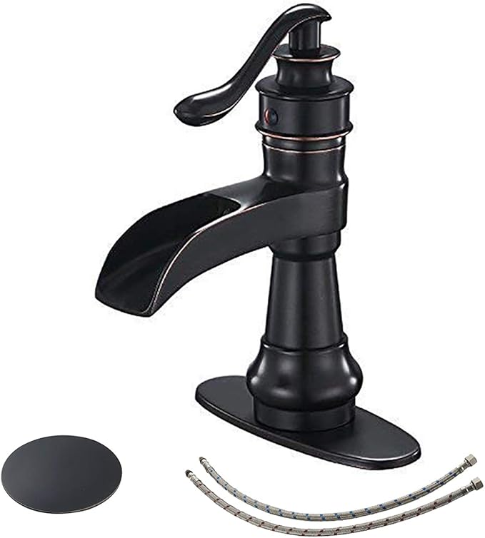 BWE Bathroom Sink Faucet Oil Rubbed Bronze Waterfall Bathroom Faucets for Sink 1 Hole Single with Pop Up Drain Assembly and Supply Hose Single Handle Farmhouse Vanity Bath Faucet