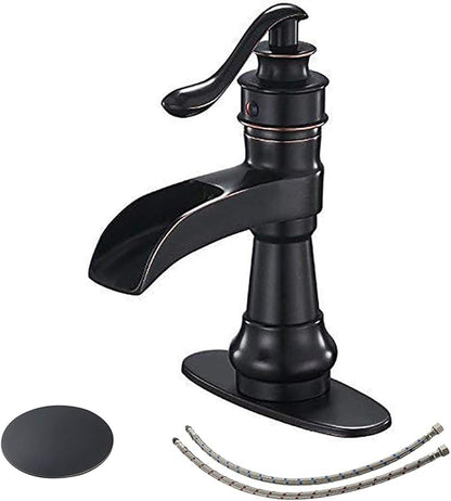 BWE Bathroom Sink Faucet Oil Rubbed Bronze Waterfall Bathroom Faucets for Sink 1 Hole Single with Pop Up Drain Assembly and Supply Hose Single Handle Farmhouse Vanity Bath Faucet