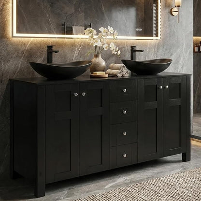 48'' Bathroom Vanity with Sink, Modern Bathroom Cabinet Black | 4 Soft-Close Cabinet Doors, 4 Drawers, 4-Tier Inner Shelf, Freestanding Large Storage Cabinet, Two Black Ceramic Boat Sinks
