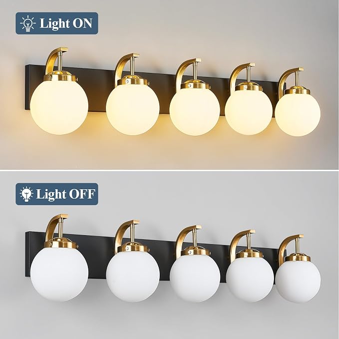 5-Light Bathroom Vanity Light Fixtures Sand Black Gold Vanity Lights Over Mirror Modern Wall Sconce with Milk White Glass Globe Lampshade for Lving Room Dining Room Corridor Powder Room