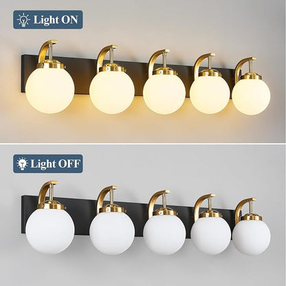 5-Light Bathroom Vanity Light Fixtures Sand Black Gold Vanity Lights Over Mirror Modern Wall Sconce with Milk White Glass Globe Lampshade for Lving Room Dining Room Corridor Powder Room
