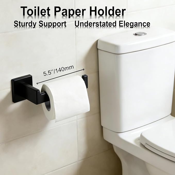 Bathroom Hardware Set 4 Piece Matte Black Bathroom Accessories Set SUS304 Towel Bar Set Includes Towel Bar 16 Inch+Towel Holder+Toilet Paper Holder+Towel Hooks (4, Matte Black, 16 Inch)