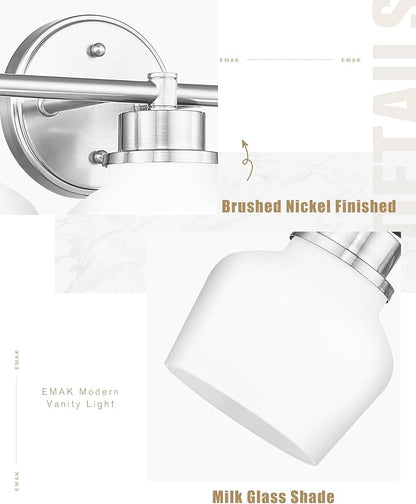 Emak Brushed Nickel Bathroom Light Fixtures, 2-Light Bathroom Vanity Light with Milk Glass Shade, Modern Vanity Lights for Bathroom, Mirror, VL122-BN-ML-2