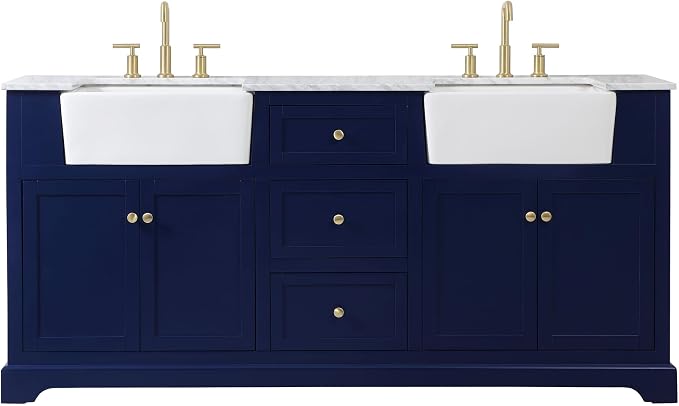 72" Pre-Assembled Bathroom Vanity with Sink, Solid Birch and MDF, Carrara White Marble Countertop Attached, Double Rectangle Porcelain Sink, 3 Soft-Close Drawers, Blue