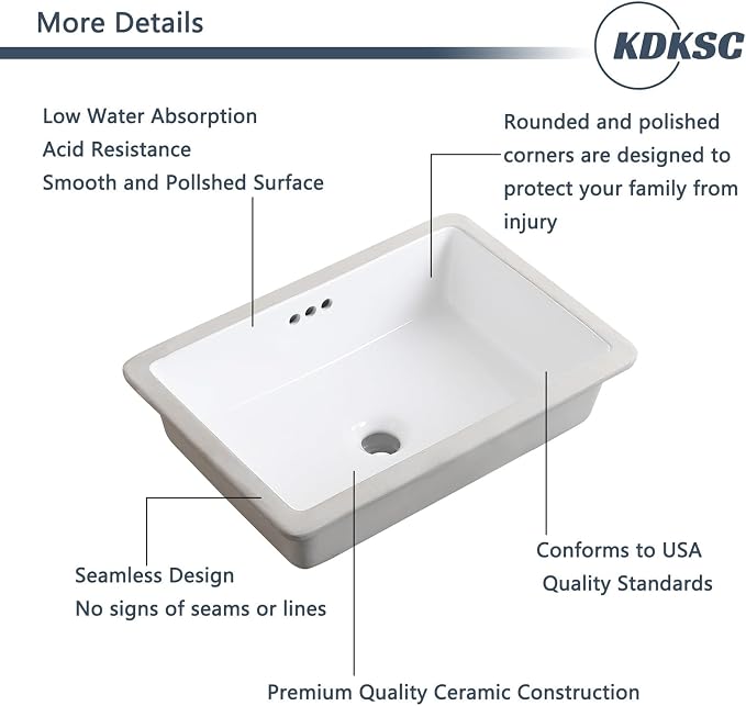 20 Inch Undermount Bathroom Sink Rectangular White,Flat Overflow Type | Ceramic Under Counter Bathroom Sinks Three-hole design (19.8"x 13.7")