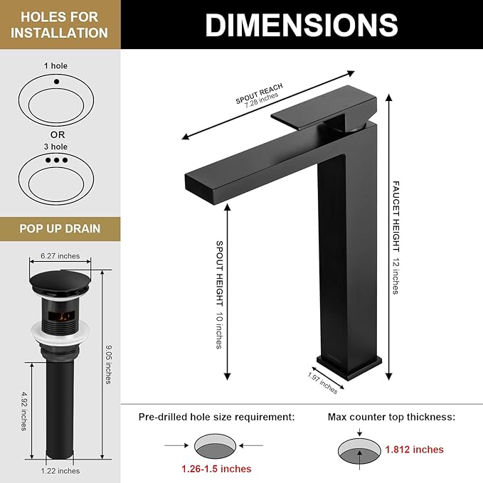 Lava Odoro Matte Black Vessel Sink Faucet, Tall Single Handle Bathroom Faucet Single Hole Bowl Sink Faucet Lavatory Vanity Faucet with Pop up Drain Assembly, BF307-MB-T