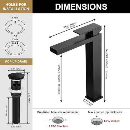 Lava Odoro Matte Black Vessel Sink Faucet, Tall Single Handle Bathroom Faucet Single Hole Bowl Sink Faucet Lavatory Vanity Faucet with Pop up Drain Assembly, BF307-MB-T