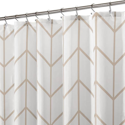 mDesign Fabric Geometric Shower Curtain - Herringbone Chevron Print with Reinforced Buttonholes for Master/Guest Bathroom - Machine Washable & Water Resistant Curtains - 72" x 72" - Beige/White
