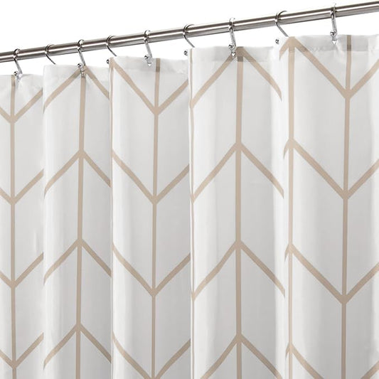 mDesign Fabric Geometric Shower Curtain - Herringbone Chevron Print with Reinforced Buttonholes for Master/Guest Bathroom - Machine Washable & Water Resistant Curtains - 72" x 72" - Beige/White