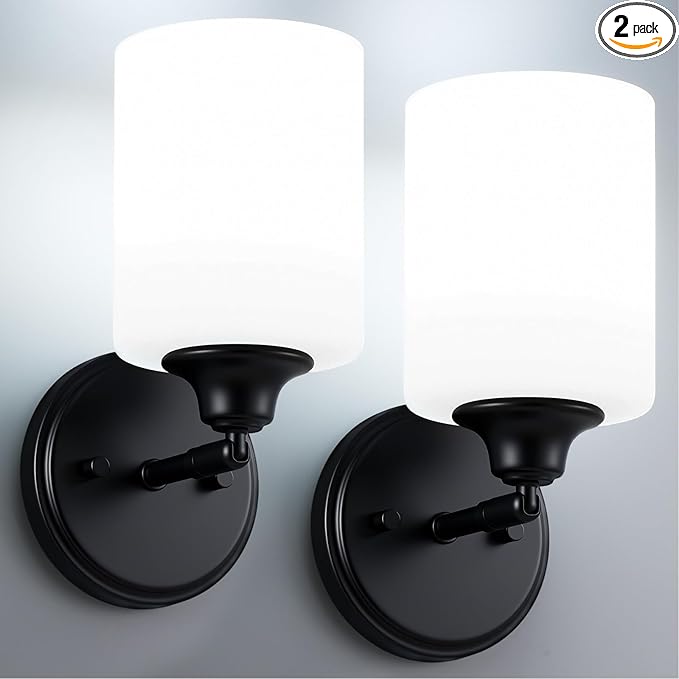 Wall Sconces Set of Two Bathroom Light Fixtures with Frosted Glass Shade, Modern Matte Black Wall Lights Vanity Lights, Sconces Wall Decor Set of 2 for Bathroom Bedroom Mirror (E26 Base)