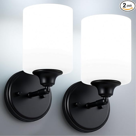 Wall Sconces Set of Two Bathroom Light Fixtures with Frosted Glass Shade, Modern Matte Black Wall Lights Vanity Lights, Sconces Wall Decor Set of 2 for Bathroom Bedroom Mirror (E26 Base)