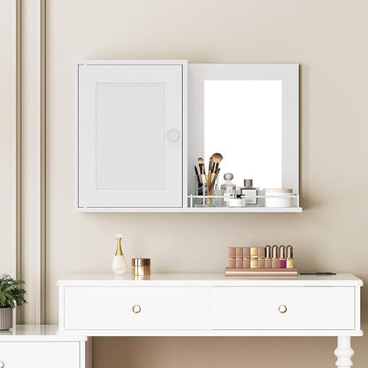 YATINEY Medicine Wall Cabinet with Mirror, Bathroom Mirror with Storage, Medicine Cabinet Mirror, Wall Mounted Home Storage, Adjustable Shelf, for Laundry Room, Bedroom, Camper, Hallway, White