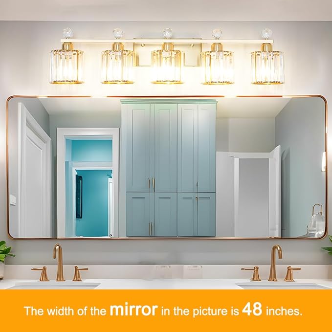 Bathroom Vanity Light Fixtures 5-lights, Gold Crystal Vanity Lights for Bath, Bathroom Lights Fixture with Clear Crystal Glass Shade, Modern Wall Light over Mirror, Wall Sconces Light for Hallway