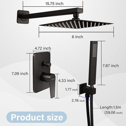 SOLVEX 8 Inch Shower Faucet Set，Shower System Black Stainless Steel Wall Mount Faucet Set with Square High Pressure Showerhead and Handheld Sprayer SP-90110-N