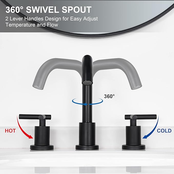 Black Bathroom Faucet 3 Holes - Two Handles Widespread 8 inch Bathroom Sink Faucet 3 Pieces Basin Faucets 360 Degree Swivel Spout Vanity Sink Faucet with Drain & Supply Hoses