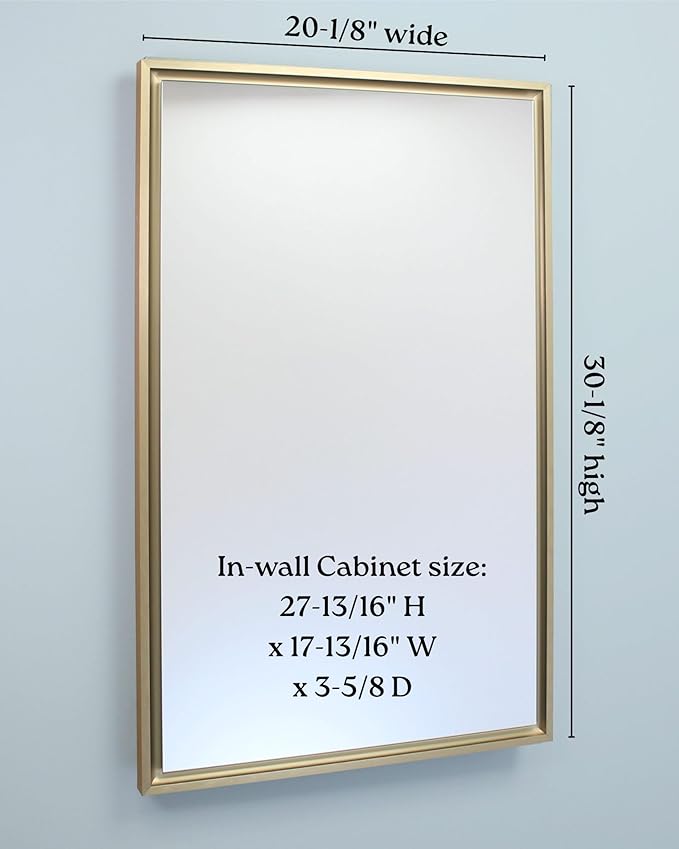 Fox Hollow Furnishings 20x30 Parker Metro Metal Framed Rectangle Recessed Bathroom Medicine Cabinet, Floating Mirror, 14x24 in-Wall Opening, Steel, Adjustable Glass Shelves, Magnet Close, Gold