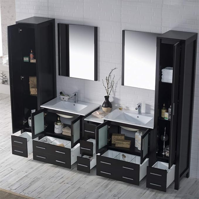 Blossom 102" Double Bathroom Vanity Set with 2 Linen Towers & Side Cabinet - Solid Wood Master Suite Furniture - Espresso Finish, Dual Ceramic Sinks, Soft-Close Storage - High-End Modular Collection