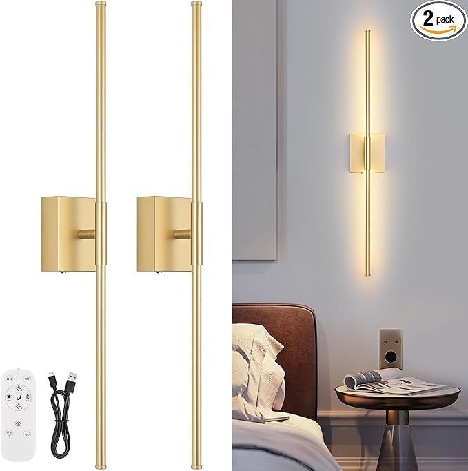 Battery Operated Wall Sconce Set of Two with Remote Control, 3000K-6000K Dimmable Gold Wall Lights, Timable LED Wireless Wall Sconces, 350° Ratate for Bathroom, Living Room, Hallway 29.1 Inch
