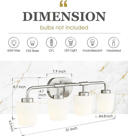 Bathroom Light Fixtures Over Mirror, 4-Light Brushed Nickel Vanity Lighting Fixtures with Milk White Glass, Vintage Farmhouse Wall Sconces Lighting, AD-22004-4W-SN