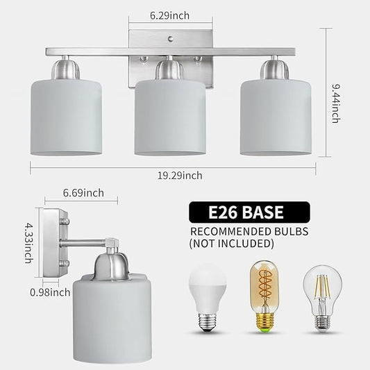 Brushed Nickel Bathroom Light Fixture, 3 Light Vanity Lights for Bathroom, Bath Lights with Milky White Frosted Glass Shades, E26 Socket