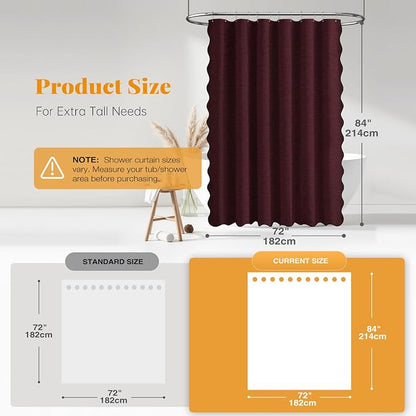 BTTN Boho Scalloped Linen Textured Cloth Shower Curtain, 72x84, Burgundy | Tall Size, 230GSM Waterproof Polyester, Heavy Duty Fabric, 12 Plastic Hooks, Elegant Modern Farmhouse Style, Machine Washable