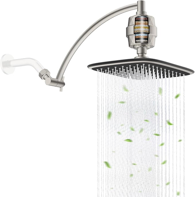 Filtered Rain Shower Head & 12" Extension Arm, 10" High-Pressure Showerhead | Brushed Nickel, Boosting Rainfall/Fixed Showerhead with 20-Stage Shower Filter, Metal Shower Extender Adjustable Height/Angle