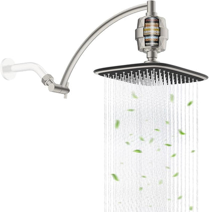 Filtered Rain Shower Head & 12" Extension Arm, 10" High-Pressure Showerhead | Brushed Nickel, Boosting Rainfall/Fixed Showerhead with 20-Stage Shower Filter, Metal Shower Extender Adjustable Height/Angle