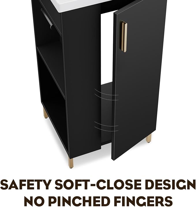 Pre-Assembled 16 Inch Black Small Bathroom Vanity, Freestanding Bathroom Cabinet with Ceramic Sink, Soft-Close Door, Left Side Storage, No Faucet, BV05-16-PUREBLACK-PLUS