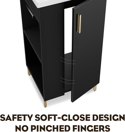 Pre-Assembled 16 Inch Black Small Bathroom Vanity, Freestanding Bathroom Cabinet with Ceramic Sink, Soft-Close Door, Left Side Storage, No Faucet, BV05-16-PUREBLACK-PLUS