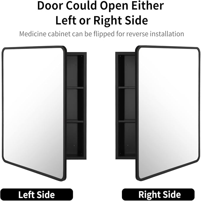 Movo Medicine Cabinet with Mirror, 20 Inch x 28 Inch Farmhouse Black Metal Framed Rectangle Bathroom Mirror Cabinet, Recess or Surface Mount