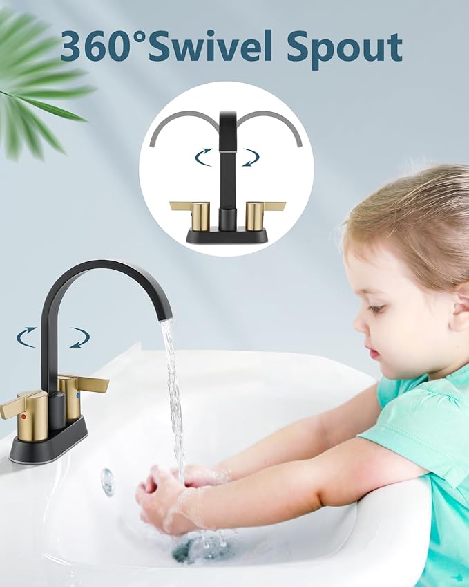 Aolemi Bathroom Faucets for Sink 3 Hole,4 Inch Centerset Waterfall Faucet 2 Handle for Bathroom Sink with Pop-Up Drain and Supply Lines Matte Black and Brushed Gold