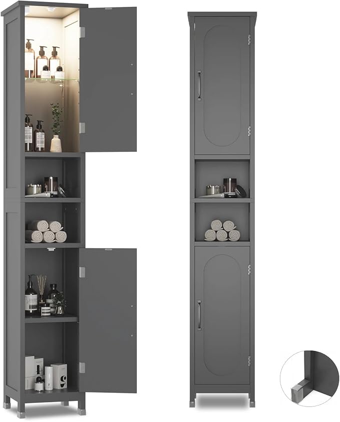 67" Tall Bathroom Storage Cabinet with Lights, Slim Narrow Bathroom Cabinet Organizer with Doors and Adjustable Shelves, Tall Cabinet for Small Space (66.9" Tall-Grey with Light)