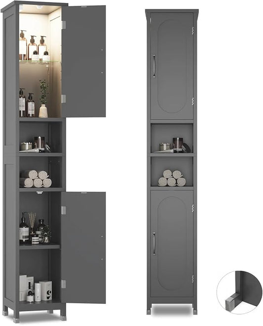 67" Tall Bathroom Storage Cabinet with Lights, Slim Narrow Bathroom Cabinet Organizer with Doors and Adjustable Shelves, Tall Cabinet for Small Space (66.9" Tall-Grey with Light)