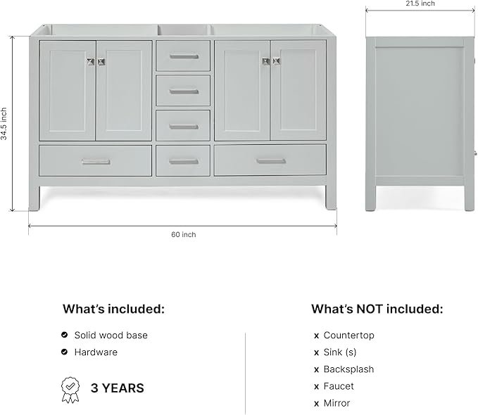 ARIEL Cambridge 60-inch Bathroom Vanity Base Cabinet,Solid Wood, 4 Soft Closing Doors, 6 Dovetail Drawers, Grey