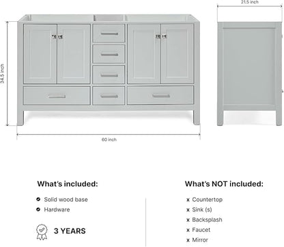 ARIEL Cambridge 60-inch Bathroom Vanity Base Cabinet,Solid Wood, 4 Soft Closing Doors, 6 Dovetail Drawers, Grey