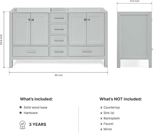 ARIEL Cambridge 60-inch Bathroom Vanity Base Cabinet,Solid Wood, 4 Soft Closing Doors, 6 Dovetail Drawers, Grey