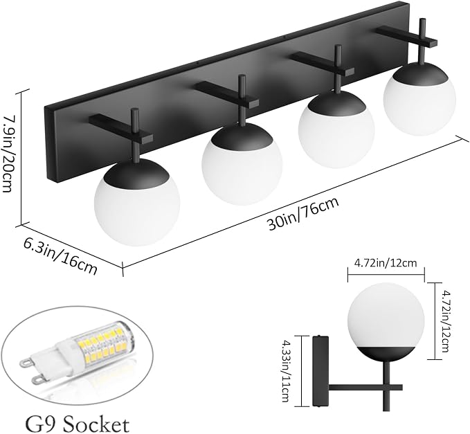 Ralbay Mid Century Modern Vanity Lights 4-Light Mid Century Modern Bathroom Light Fixtures Over Mirror, Milky Glass Globe Matte Black Bathroom Wall Light Fixture (Exclude Bulb)