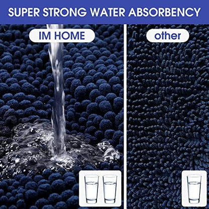 ACCUMTEK Striped Navy Blue Bathroom Rug Mat 48"x17" Ultra Soft, Non Slip Chenille Bath Rugs, Absorbent Plush Shaggy Bath Mats for Bathroom, Bedroom, Kitchen, Shower, Tub
