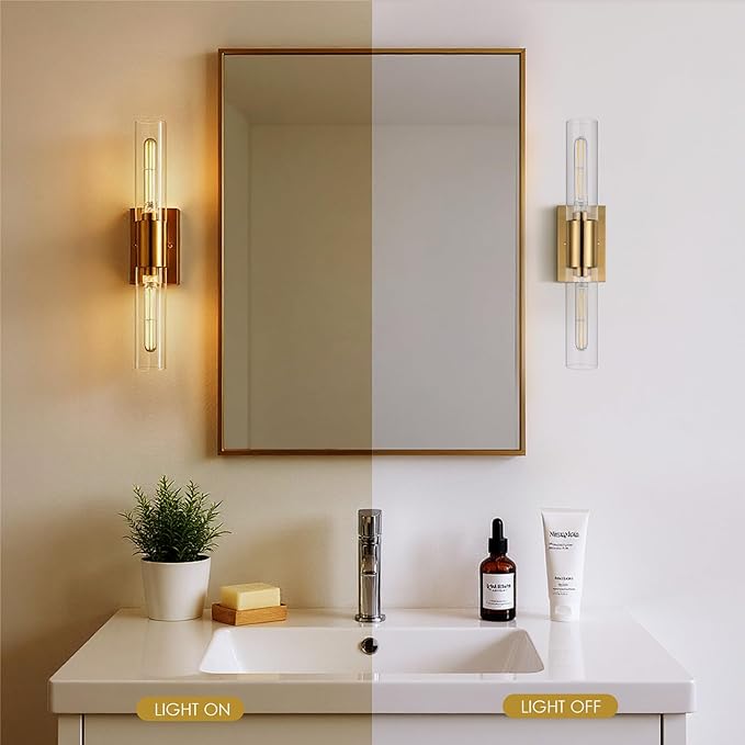 21" Brushed Gold Bathroom Light Fixtures Over Mirror,2-Light Gold Vanity Lights,Hardwired Vanity Lighting Fixtures Bathroom Lighting Fixtures Over Mirror for Bath Room E26 T10 Bulbs(Excluded)