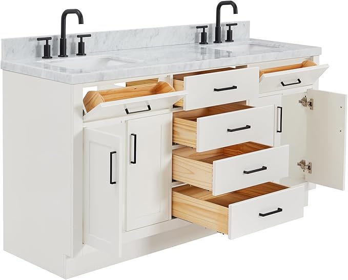 ARIEL Hepburn 66-inch Bathroom Vanity with Sink,Solid Wood, 1.5-inch Italian Carrara Marble Countertop, Double Rectangular Porcelain Sink, 4 Soft Closing Doors, 6 Dovetail Drawers, White