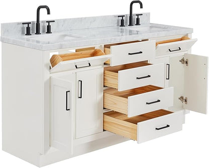 ARIEL Hepburn 66-inch Bathroom Vanity with Sink,Solid Wood, 1.5-inch Italian Carrara Marble Countertop, Double Rectangular Porcelain Sink, 4 Soft Closing Doors, 6 Dovetail Drawers, White